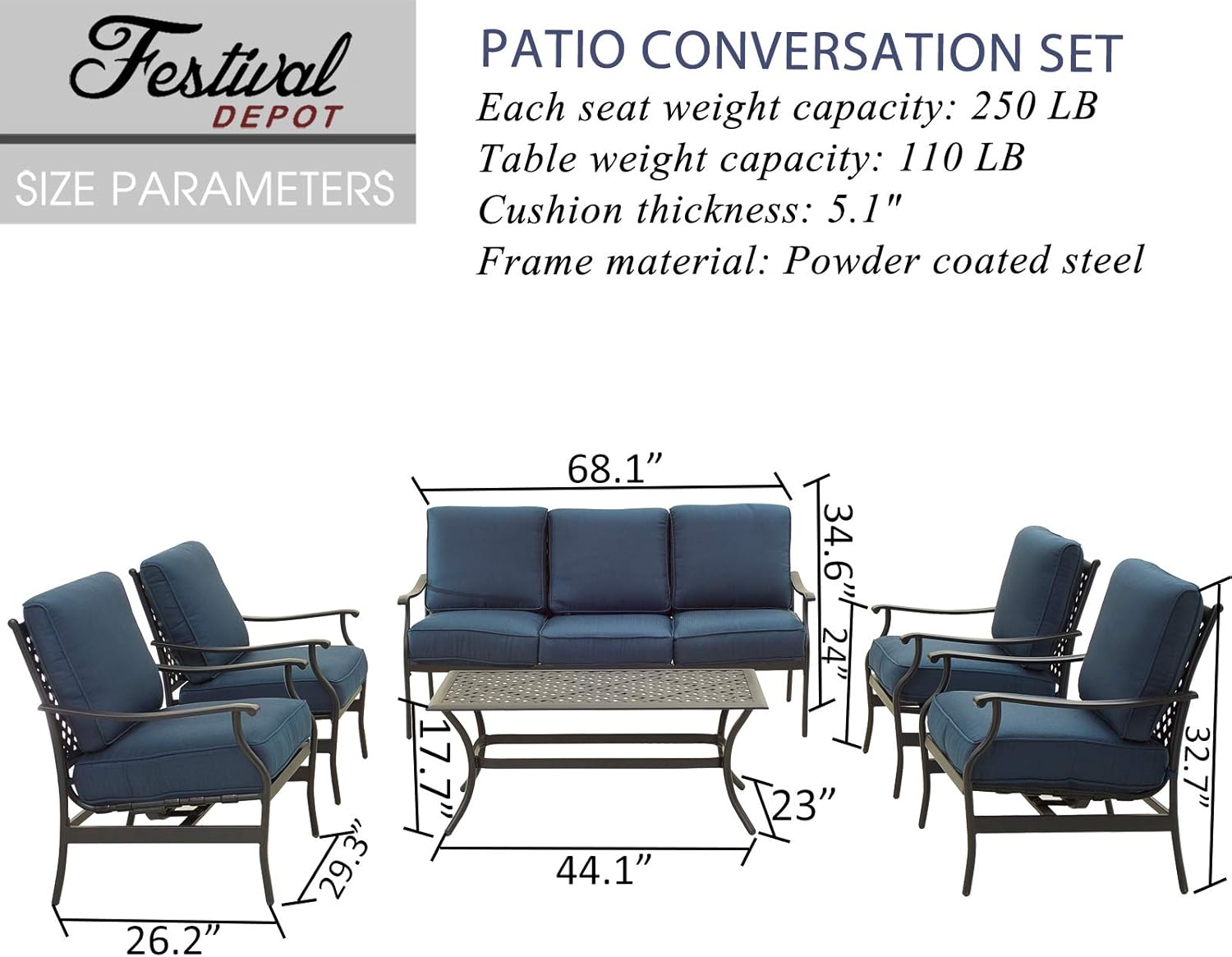 Festival Depot 6Pcs Patio Conversation Set Metal Armchairs with Thick Cushions 3-Seater Sofa Coffee Table Outdoor Furniture for Deck Garden, Blue