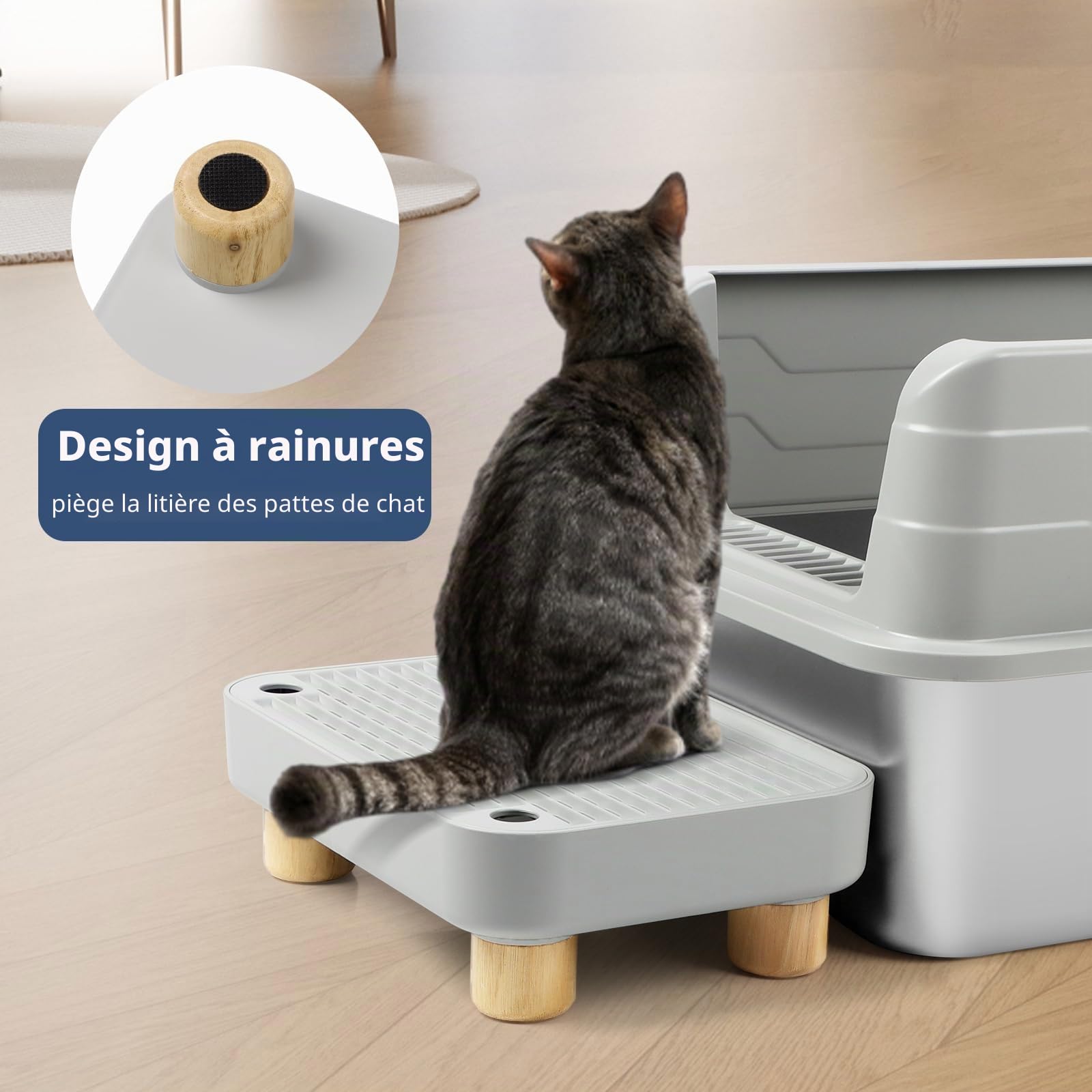 Kalolary Rampe pour Litière pour Chat, Marchepied Pédale Bois avec Fonction Filtre Toilettes Animaux Compagnie Faciles Nettoyer Marchepied Avant Piège Litière pour Chatons Chats Âgés (Gris Clair)