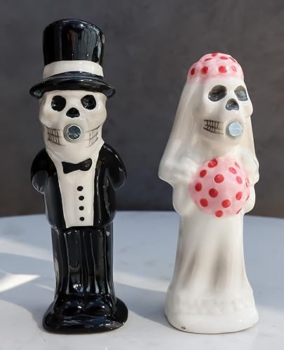 Miniatura 9 de Ebros Gift Juego de saleros y pimenteros de esqueleto para pareja, boda, novia y novio, calaveras de cerámica, esqueletos, cocina, comedor, bar,
