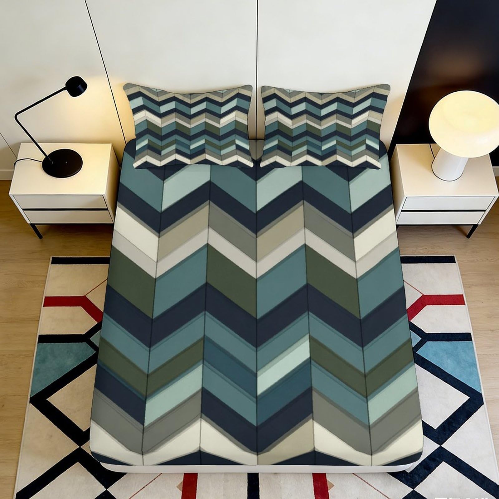 3D Printed Chevron Geometric Fitted Sheet Microfiber Soft Green Blue Abstract Mattress Cover for Bedroom Guest Dorm Decor 140x200x25cm