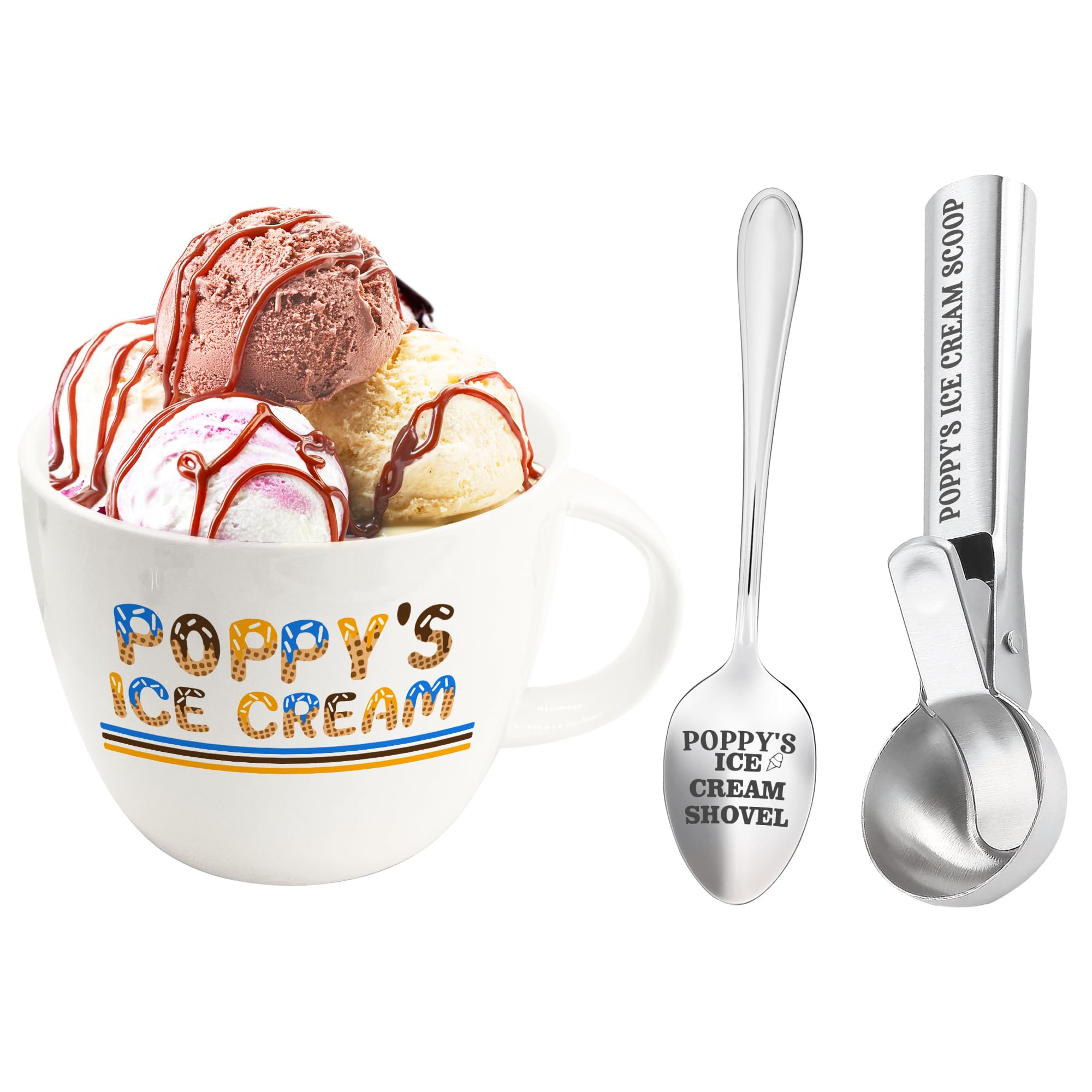 Poppy Gifts, Poppy's Gift Ice Cream Bowl Scoop Shovel Spoon Set, Grandpa Ice Cream Gift from Grandkids, Ideal Xmas Birthday Father's Day Man Gifts