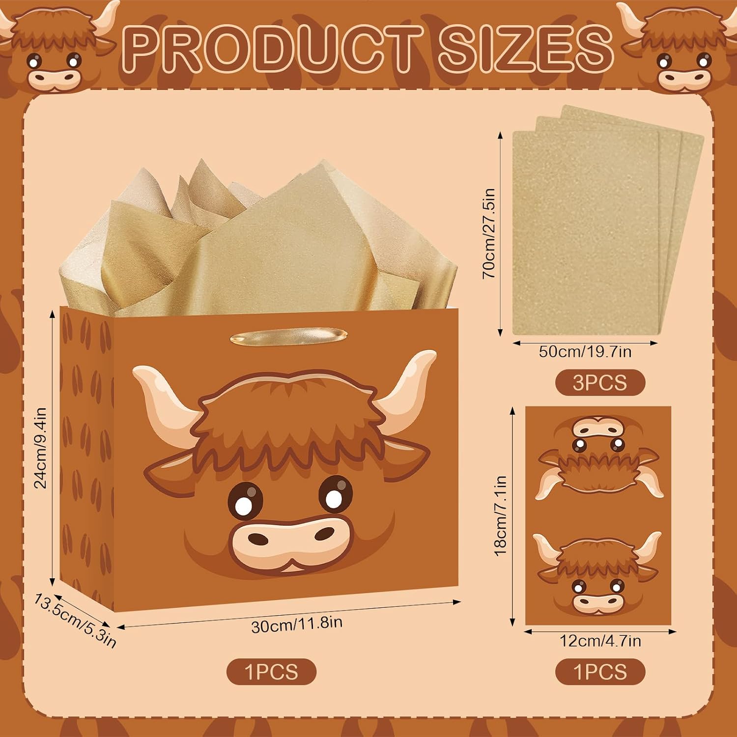 Neptniopllab Highland Cow Gifts Set - Brown Cow Wrapping Paper Gift Bag with Matching Greeting Card & Tissue Paper, Highland Cow Party Favor Bag for Birthday Christmas Decor Supplies image 2