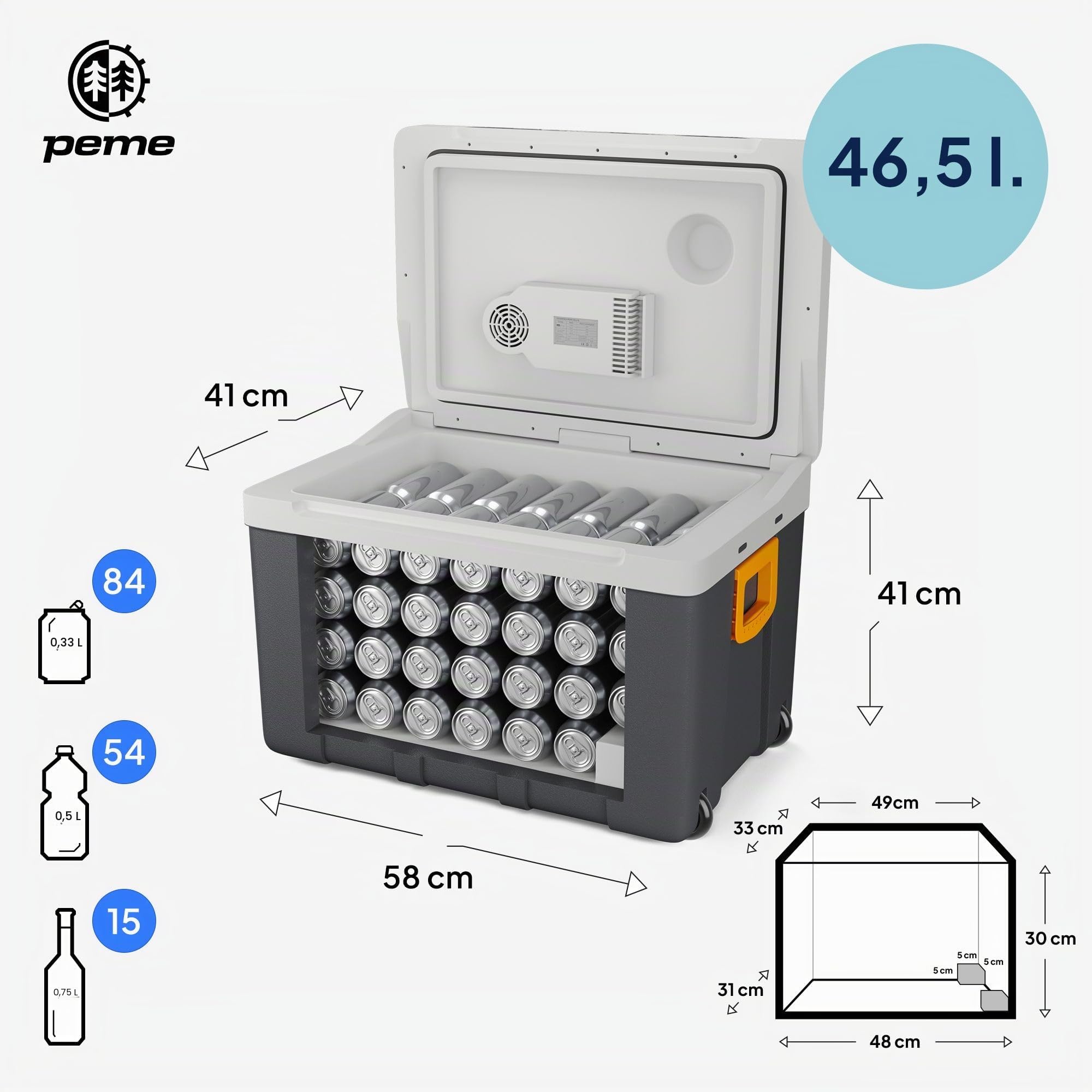 peme Essential Glacière Électrique 46,6L - Refroidisseur et Chauffe-Plats, Double Alimentation 12V & 230V, Mode Éco, Roulettes & Poignée, Ultra Silencieuse, pour Voiture, Camping, Roadtrips