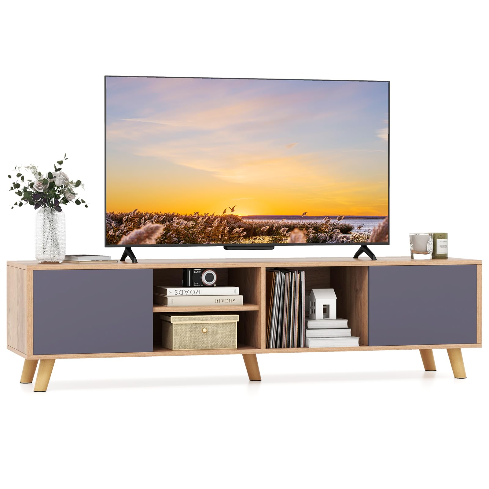 COSTWAY TV Stand for TVs up to 65 Inches, Wooden TV Cabinet Media Entertainment Center with 2 Doors, Open Storage Shelves and 5 Support Legs, 152cm TV Unit Console Table for Living Room Bedroom
