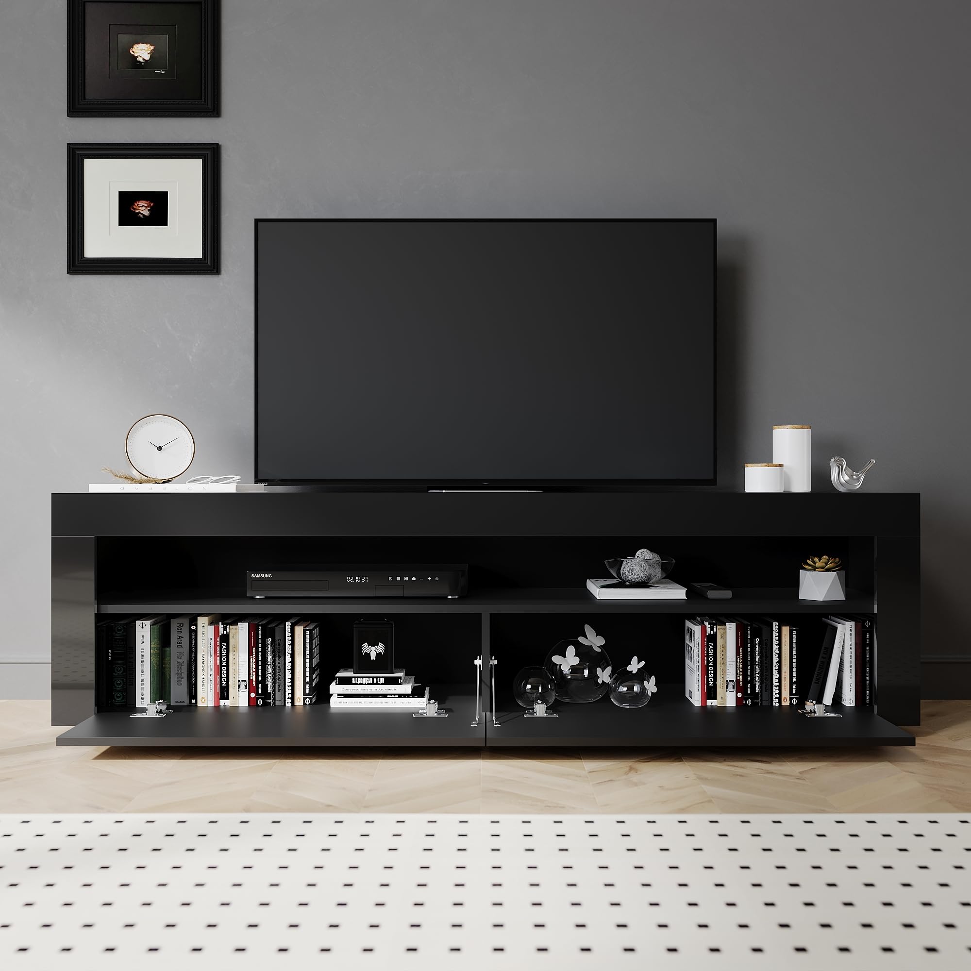 SIRHONA Meuble TV Noir, Meuble Tele avec LED, Éclairage LED RGB avec Couleur réglable, 2 Placards avec Portes, 160x40x45cm, Convient pour Salon ou Chambre