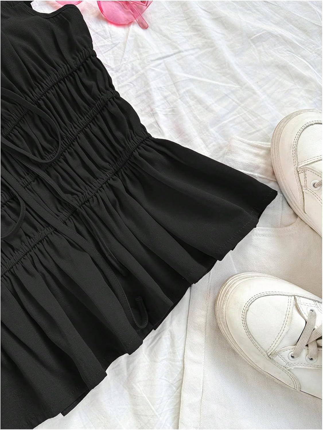 SweatyRocks Women's Babydoll Tops Tie Front Cute Flowy Ruffle Smocked Peplum Blouse Shirt - Image 5