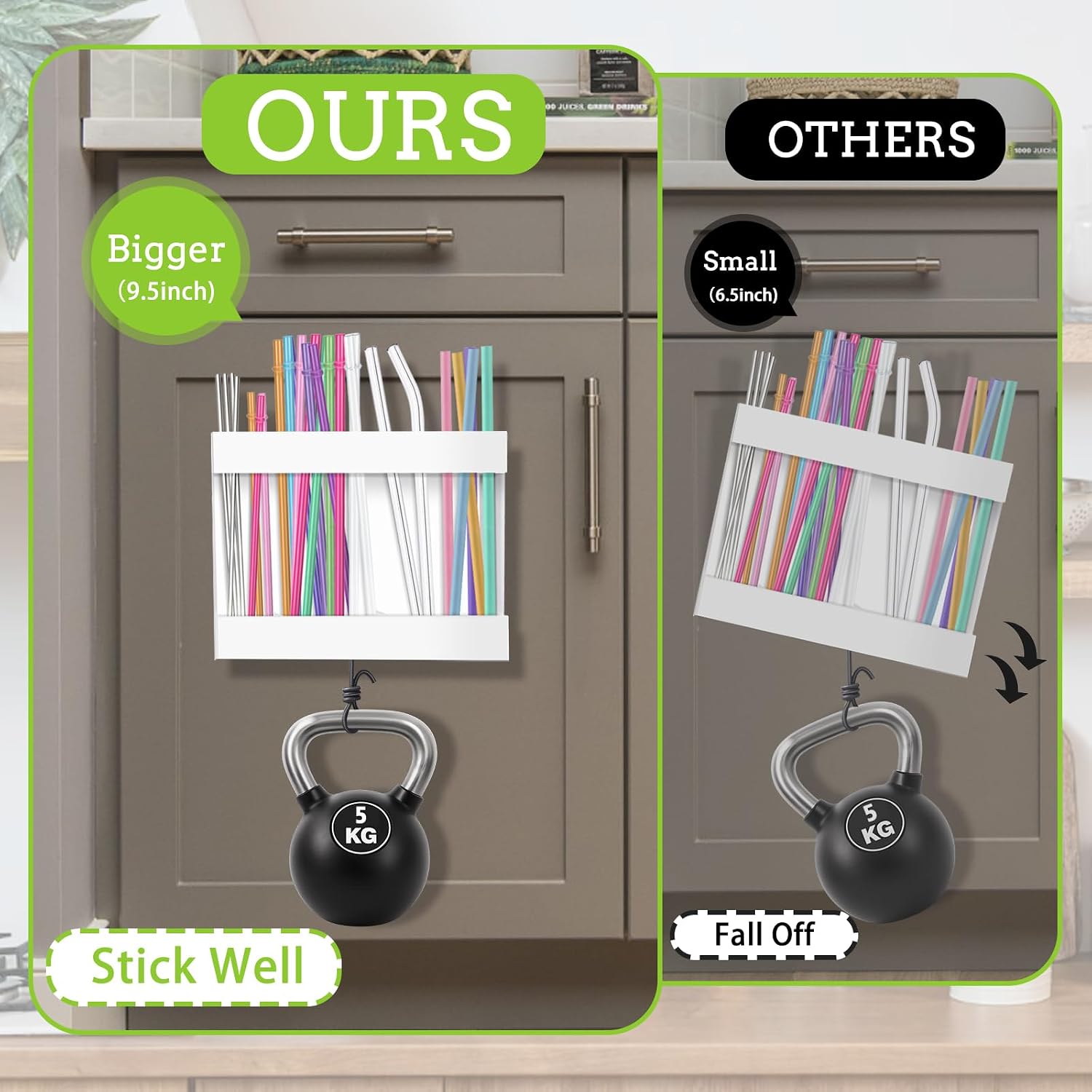 9.5'' Large Acrylic Straw Holder for Cabinet Door, Tumbler Straw Organizer, Sticky Adhesive, Reusable Straw Storage Dispenser for Kitchen