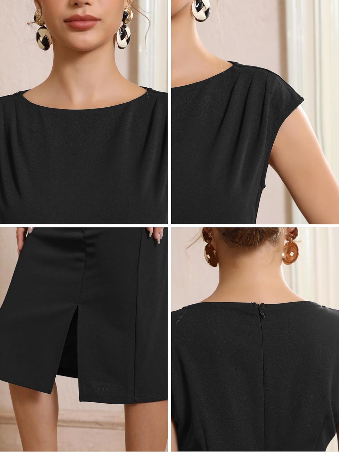 Women's Formal Sheath Dress Sleeveless Boat Neck Ruched Midi Work Dresses - Image 5