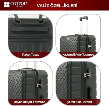 COTPOLY Diamond 2'li Bavul Seti, 2'li Seyahat Bavul Seti, ABS Valiz Seti (Siyah-Medium&Small)
