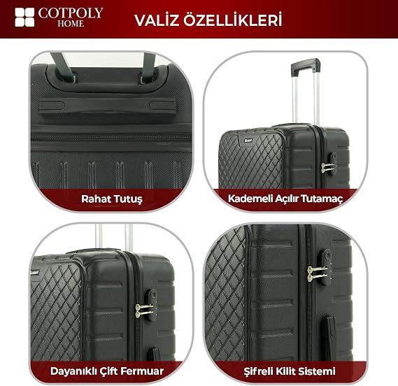 COTPOLY Diamond 2'li Bavul Seti, 2'li Seyahat Bavul Seti, ABS Valiz Seti (Siyah-Medium&Small)