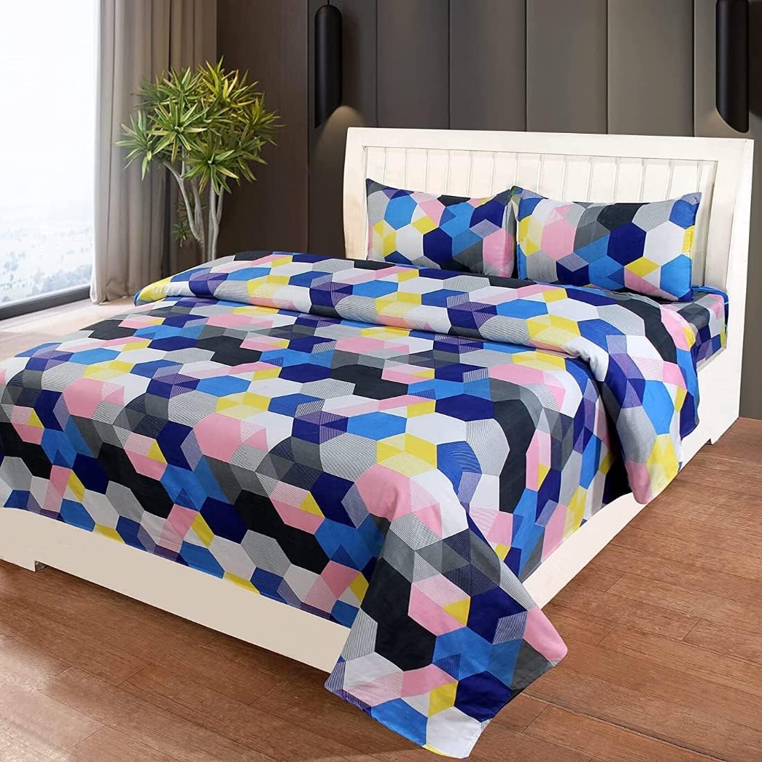 Nikhatu Prime Collection 144TC 3D Printed Polycotton Double Bedsheet with 2 Pillow Covers (Multicolour, Size 87 x 87 Inch) - Football 3D-M