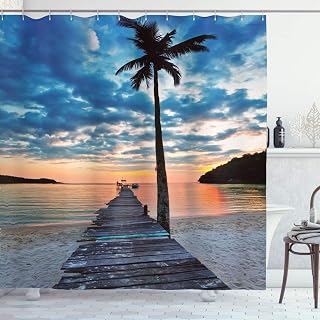 Ambesonne Pier Shower Curtain, Wooden Plank Grunge Jetty Through The Calm Ocean Tropic Palm Tree and Dramatic Sky, Cloth Fabric Bathroom Decor Set with Hooks, 69" W x 70" L, Sky Blue Charcoal Grey