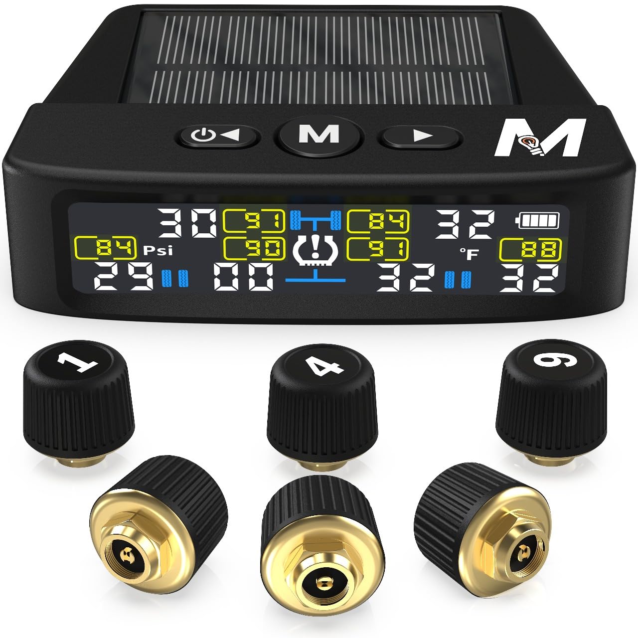 Marcala 2026 V2.0 Trailer Tire Pressure Monitoring System Set of 6 | 32-Foot Extended Range RV TPMS | 0-144 PSI for RV/Camper/Towing | Solar Charge & 6-Alarm Trailer TPMS | Prevent Flats & be Safer!