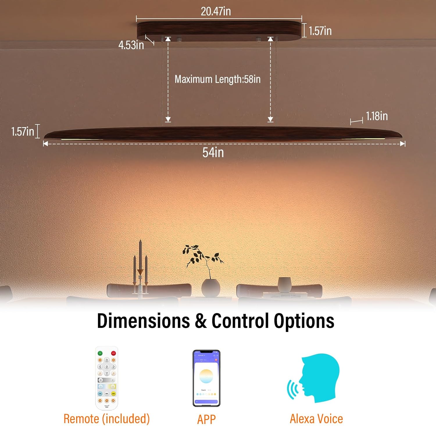44" Wood Linear Pendant Light, LED Dimmable Island Lights for Kitchen with Remote & APP Control, 30W Adjustable CCT (3000K-6000K) for Dining Room Kitchen Island Bar