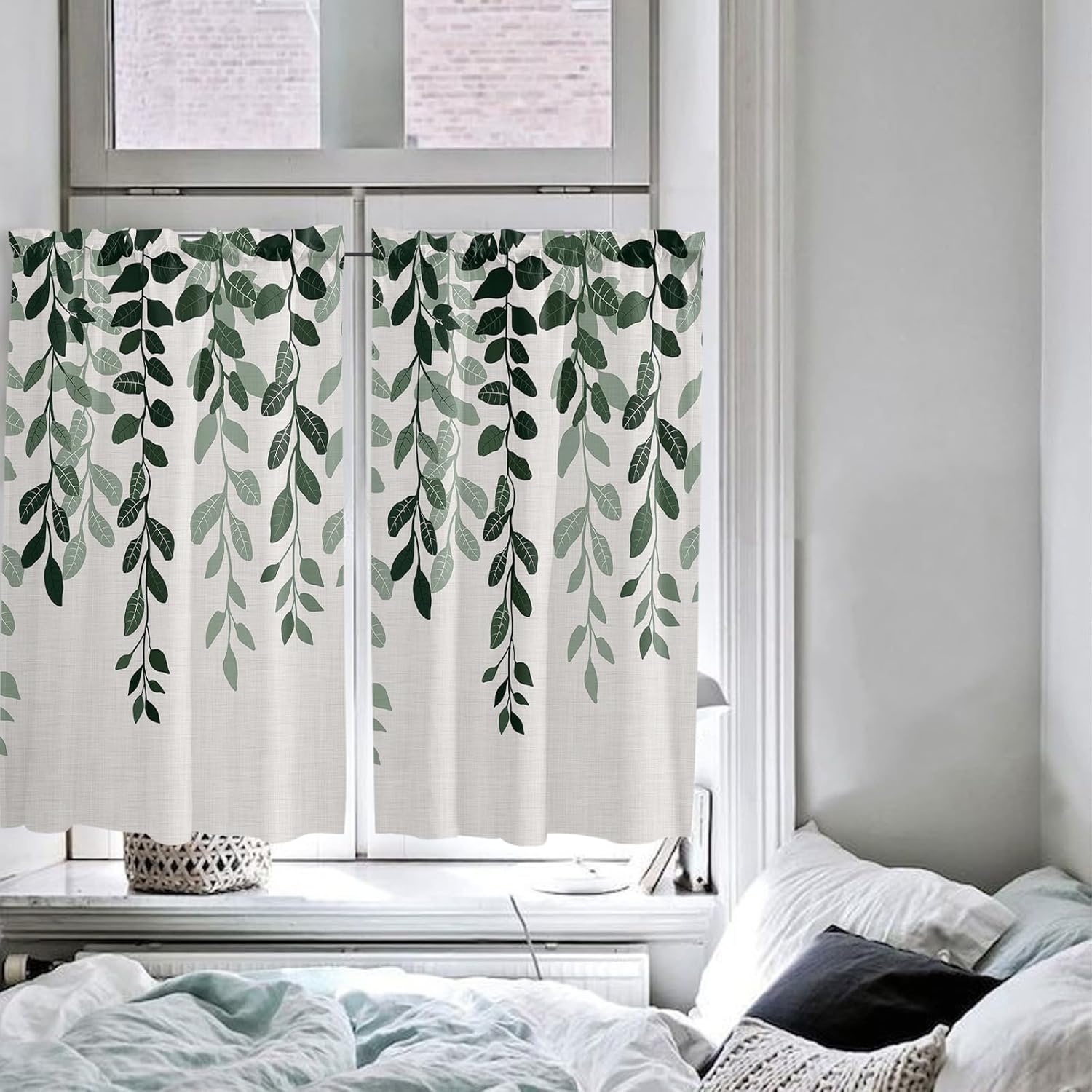 Ombre Leaves Kitchen Curtain 2 Panels Curtains 45 Inch Length, Curtains Rod Pocket Curtains Window Drapes Treatment Window Cafe Curtains 104''x45'' Country Rustic Eucalyptus Botanical Plant