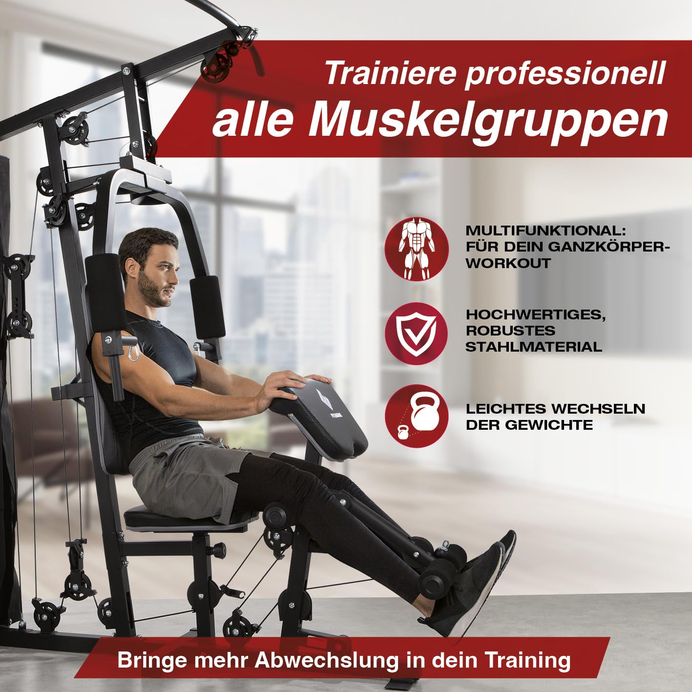 FitEngine Kraftstation | Multifunktions-Homegym für den ganzen Körper | Gewichte bis zu 67 kg einstellbar, mit Latzugstange, Beinpresse, Bizepscurl-Polster u.v.m. | Hochwertiges Stahlmaterial