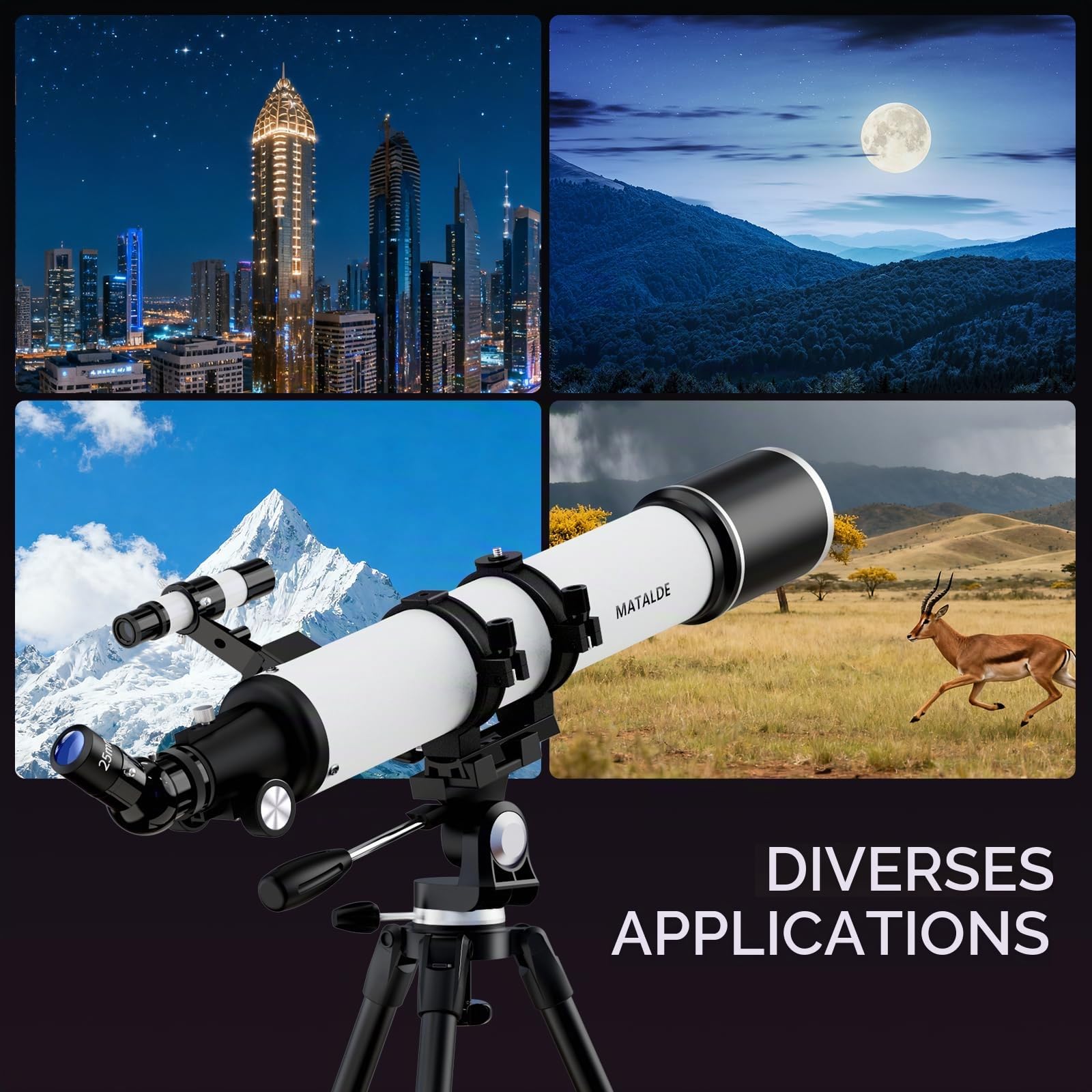 Télescope réfracteur de 800 mm de focale et d'ouverture de 90 mm, idéal pour débutants et Adultes. Grossissement de 32x à 240x. Lentille de Barlow 3X et Adaptateur pour téléphone Inclus (Blanc)