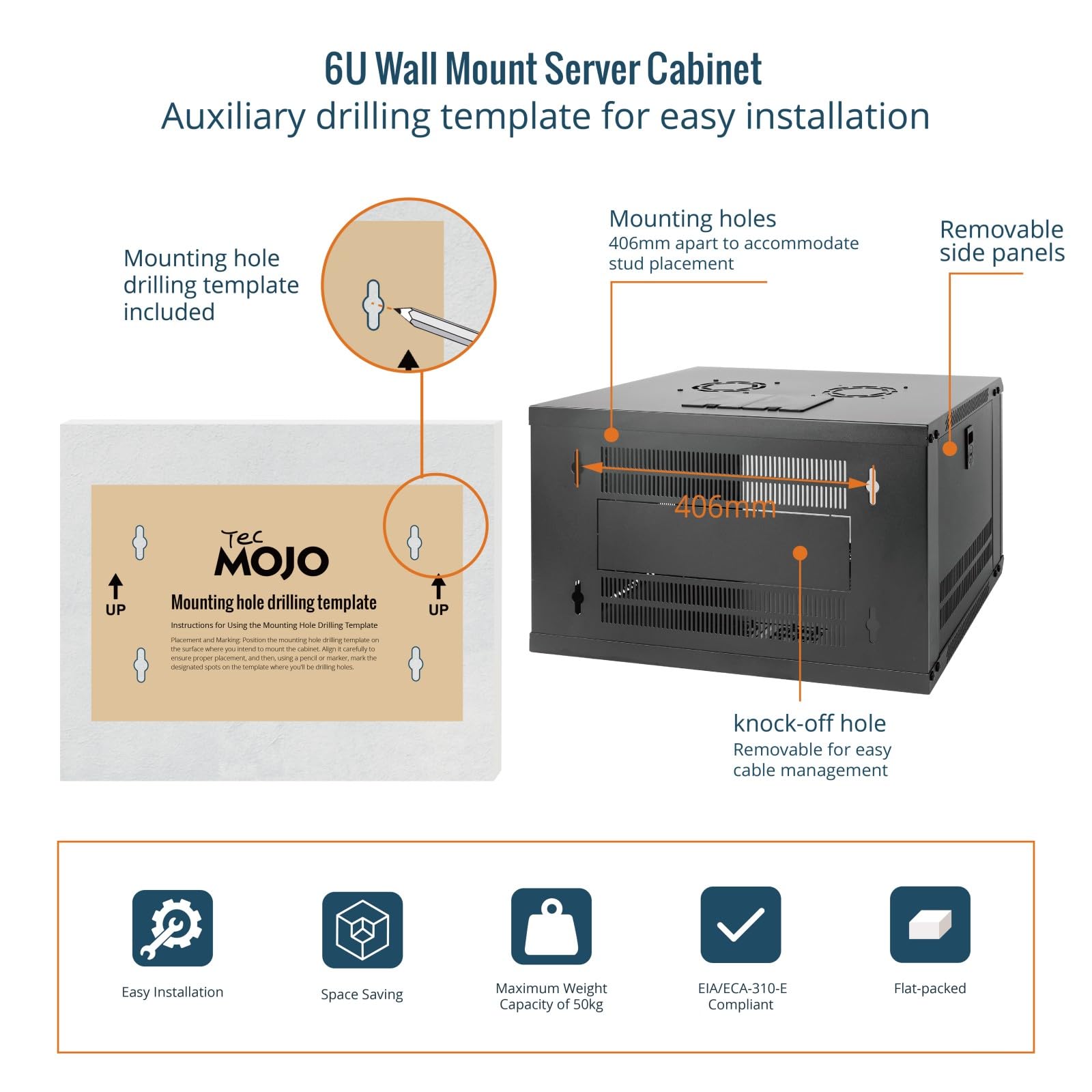 Tecmojo Armoire Réseau 19 Pouces 6U, Profondeur 450mm, Armoire Serveur Murale, Boîtier de Rack Réseau Informatique, Porte et Panneaux Latéraux Verrouillables, Porte Vitrée, Emballage à Plat, Noir