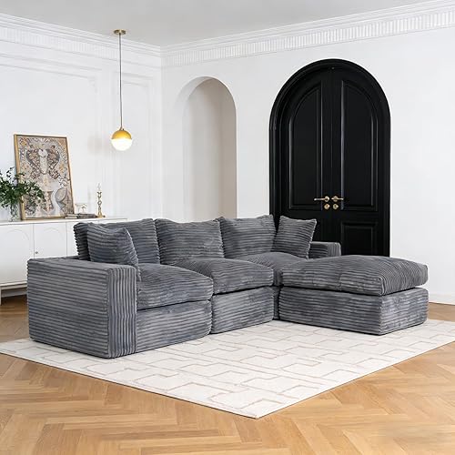 107“Cloud Couch Sectional 3 Seater Convertible Cloud Modular Sectional Sofa with L Shaped with Ottoman Deep Seat Odern Comfy Corduroy Boneless Sectional Sofa for Living Room (Gray)
