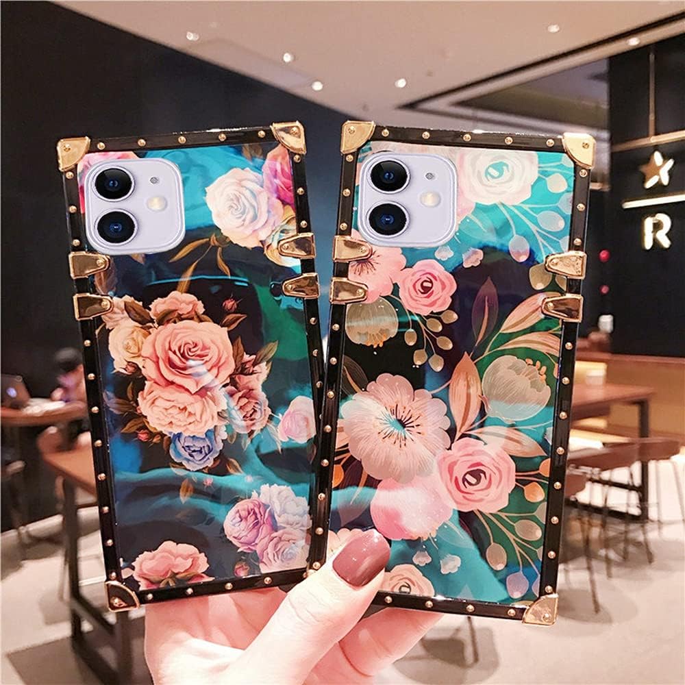 for iPhone 12 /iPhone 12 Pro 6.1"(2020) Phone case, BabeMall Elegant Premium Flower Retro Color Blu - ray Scratch Proof Square PU Leather Protective Corner Back Cover Case -Flower 2