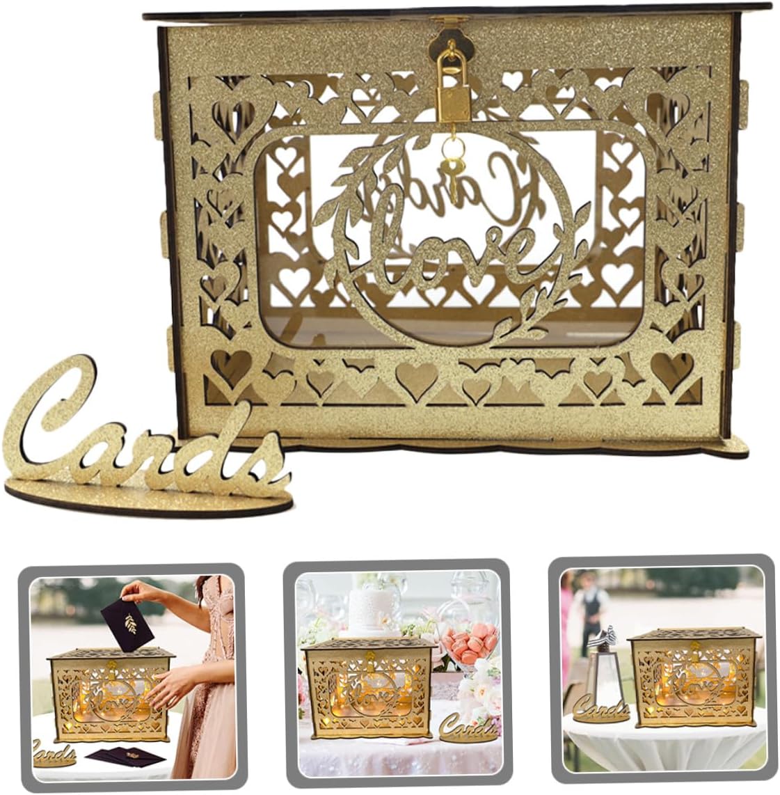 Wooden Hollow Greeting Card Box Glitter Wedding Reception Card Holder Anniversary Portable Blessing Container for Birthday and Valentine’s Day