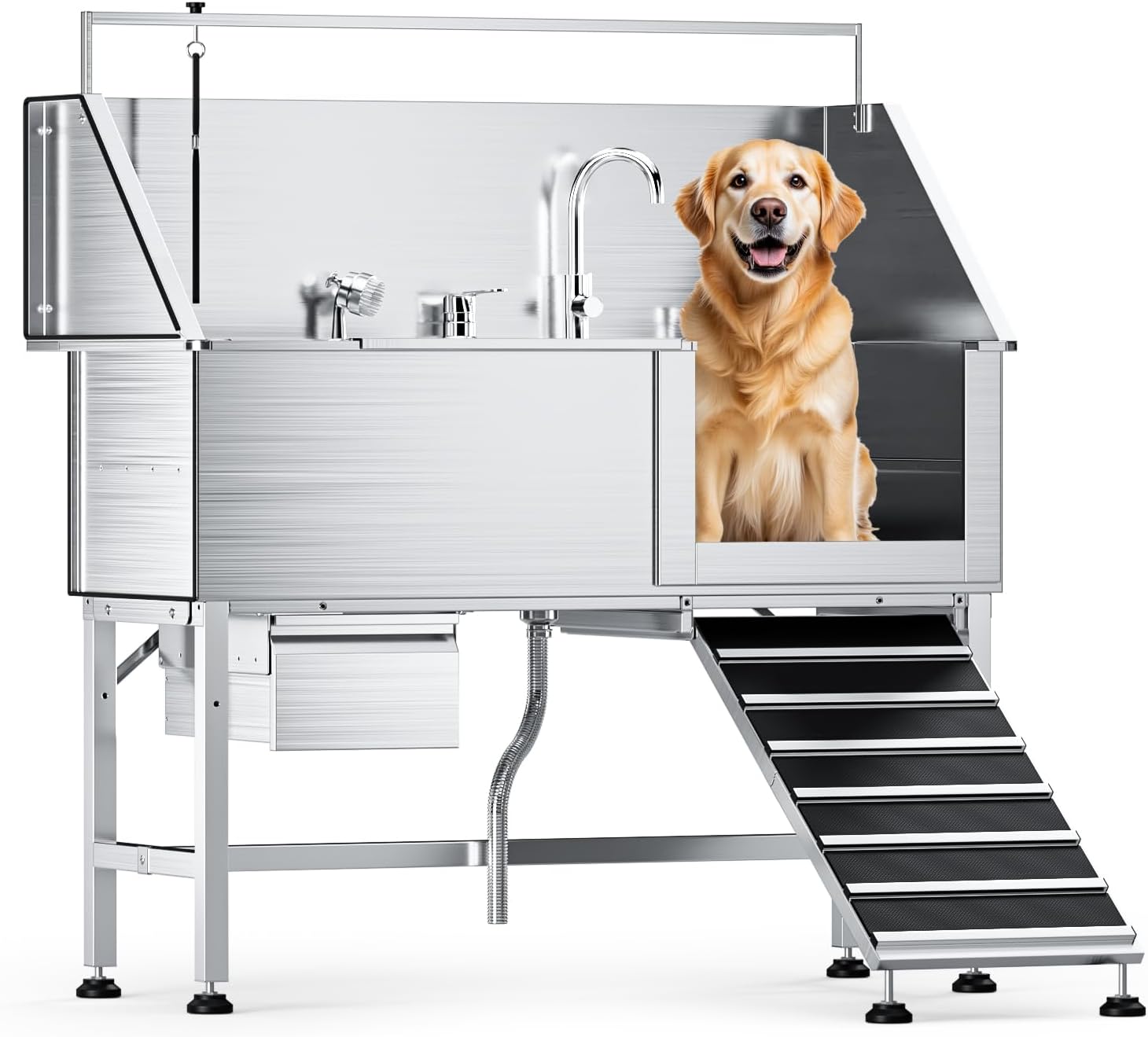 56" Professional Dog Washing Station, 304 Stainless Steel Pet Grooming Tub with Removable Ramp, 1.0mm Thick Anti-Rust Bath Tub, Adjustable Height & Detachable Faucet Kit for Dogs & Cats(Right Ramp)