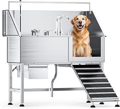 Dog Washing Station,Professional 56" Stainless Steel Dog Bathing Station for Large Dog Height Adjustable Dog Wash Station for Home Dog Grooming Tub With Drawer, Floor Grate & Fauct Right Ramp