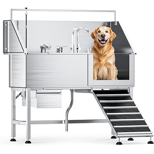 Professional 56" Dog Washing Station, 304 Stainless Steel Dog Bathing Station, Height Adjustable Dog Grooming Tub w/Ramp, Storage Drawer, Dog Bathtub for Large, Medium&Small Dogs (Right Ramp)