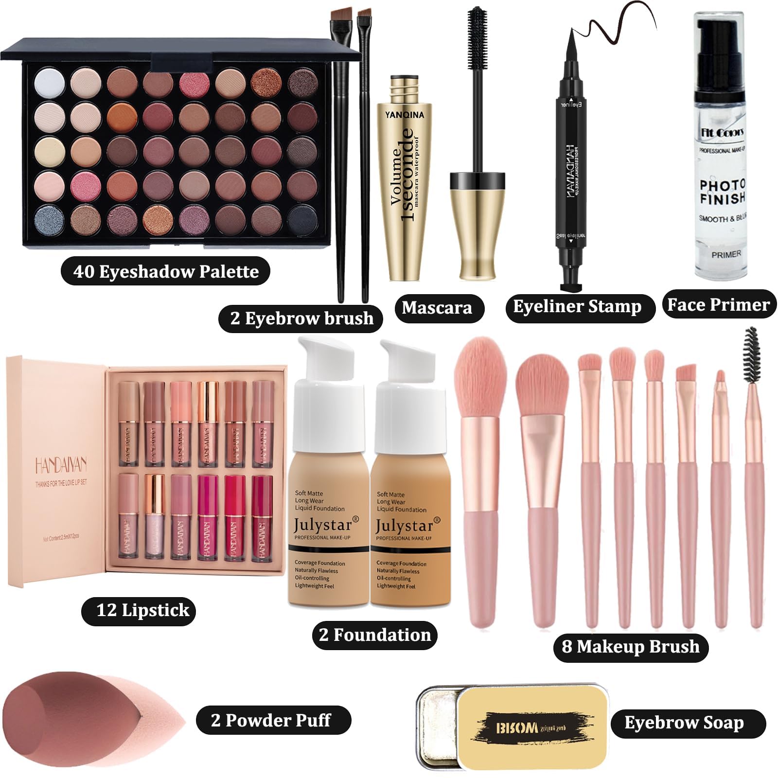 SONGQEE All in One Makeup Kit, enthält 40 Farben Lidschatten Palette, Foundation & Face Primer, Lippenstift Set, Augenbrauen Seife, Makeup Schwamm, Geschenk Set für Frauen