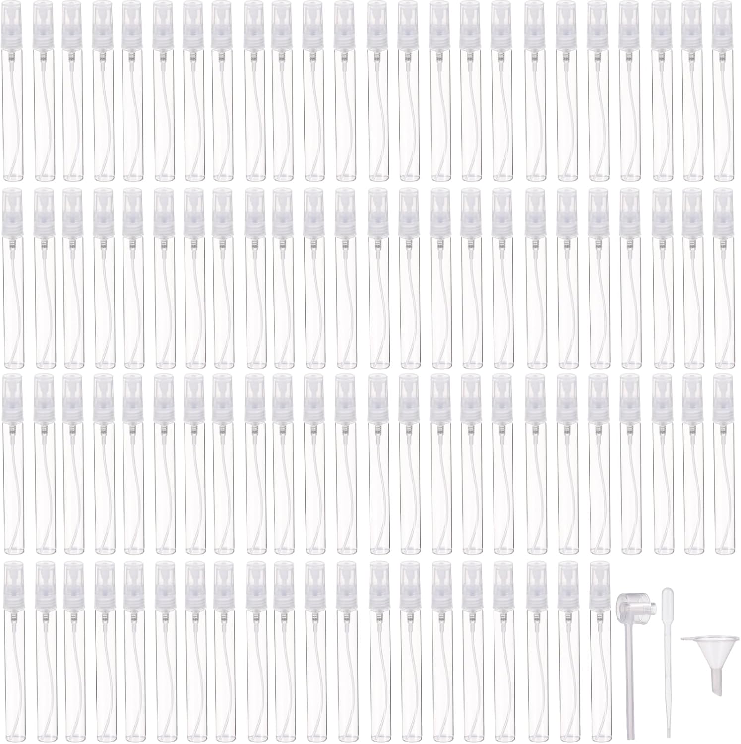 100 PCS 10ml Spray Bottles, Mini Clear Glass Perfume Bottles with Dropper, Funnel, Transfer Tool, Portable Refillable Spray Containers, Fine Mist Spray Empty Essential Oil Bottles for Home Travel
