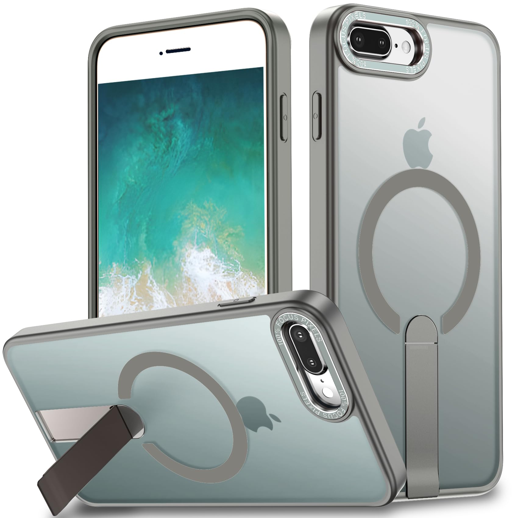 EMMPITU for iPhone 8 Plus Case, for iPhone 7 Plus Case, Built-in Kickstand Magnetic [Compatible with Magsafe] Translucent Protective Shockproof Phone
