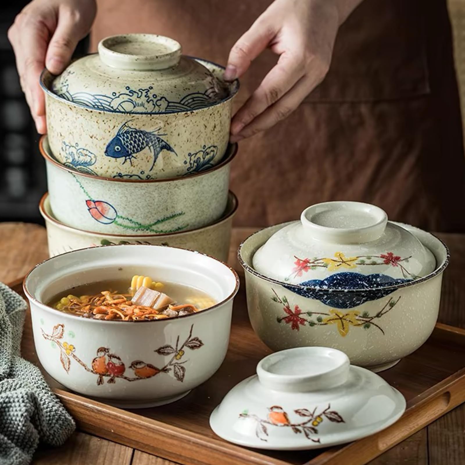 Bol à ramen en céramique avec couvercle,Bol Japonais,Bol Ramen en Porcelaine,Bol de Nouilles Instantanées,Bols à Soupe,Vaisselle Japonaise,pour pho, céréales, soupe (Style A)