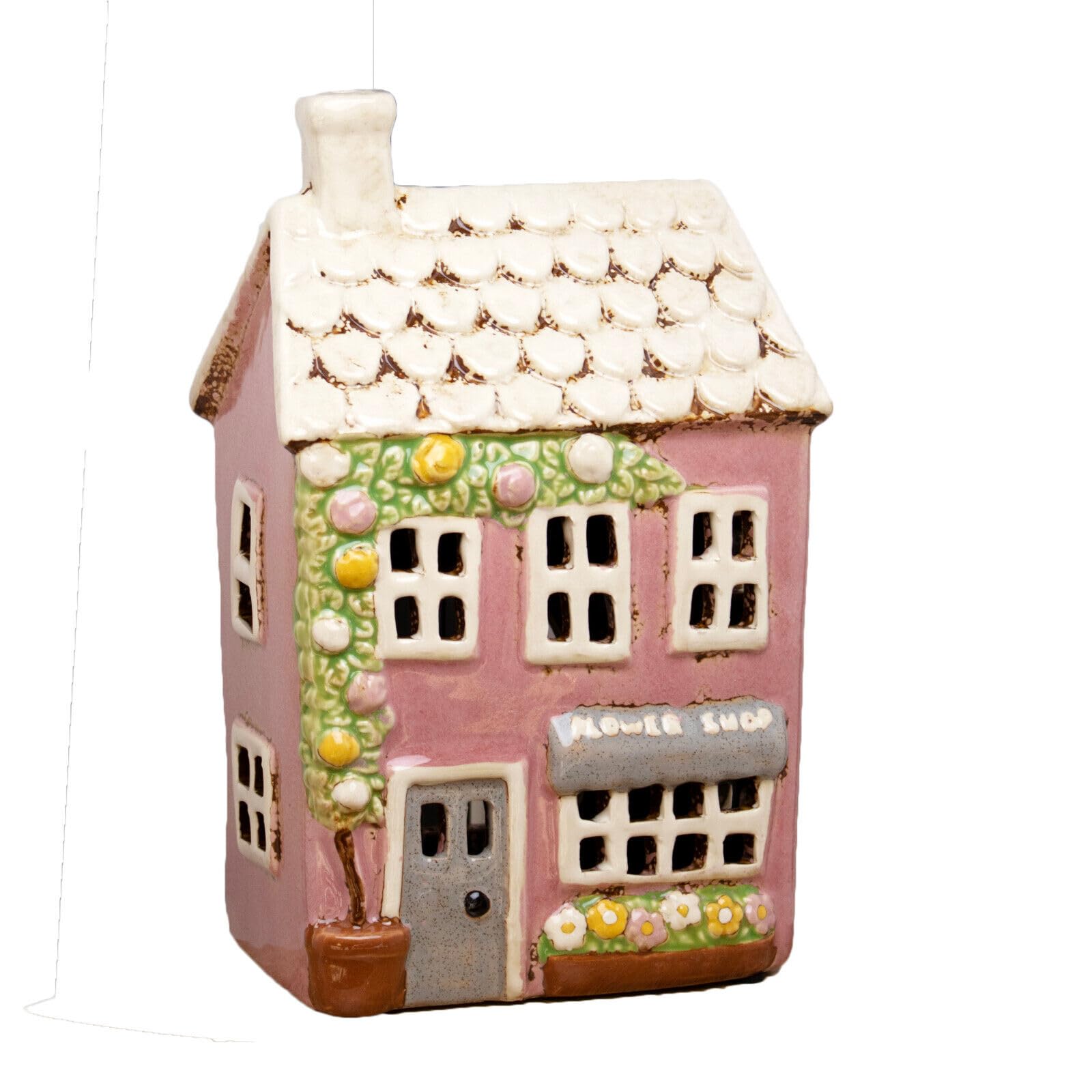Ceramic Flower Shop Tealight Holder, Pink House Design, 15W x 24H x 10D cm