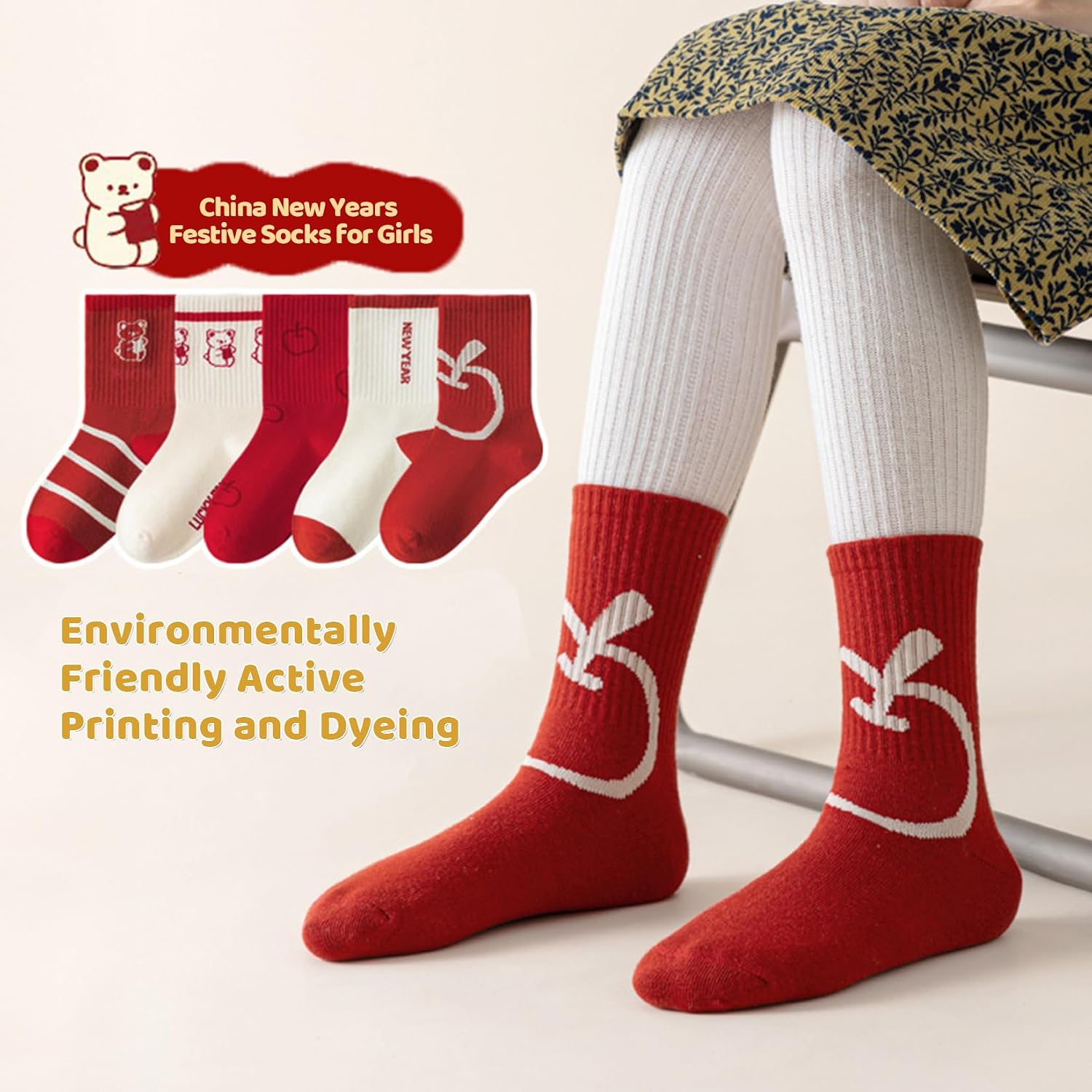 Kids Socks Crew Socks Mid-Calf Cartoon Red China New Years or Christmas Festive Socks for Kids