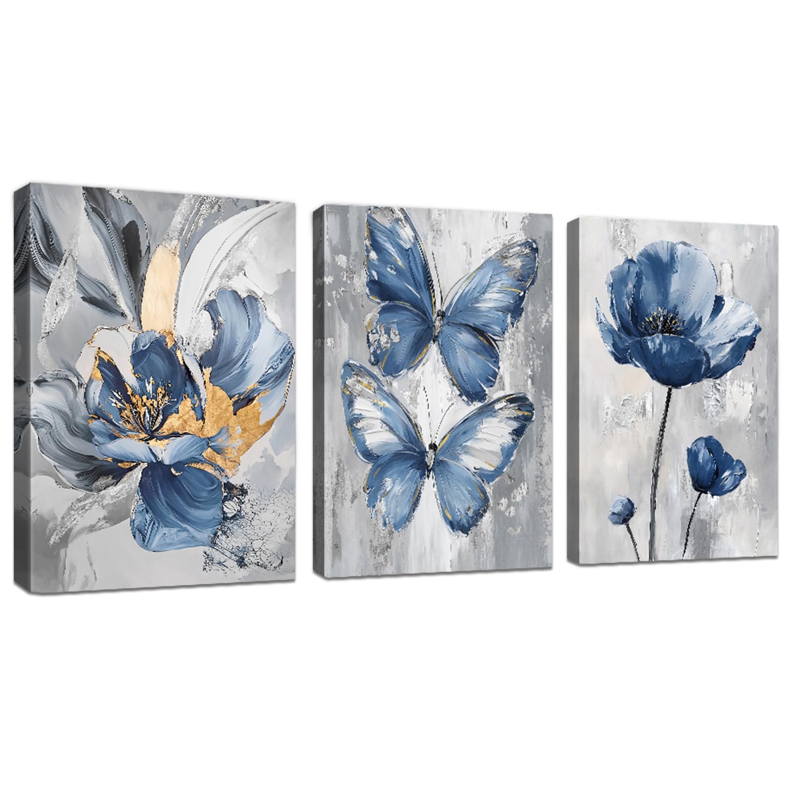 WENGTIAO 3 Piezas Mariposa Azul Flores Cuadros Enmarcados Vintage Abstracto Floral Mariposas Pintura sobre Lienzo Cuadros Decoracion Salon Modernos Dormitorios Decoracion Pared 30x40cm x3