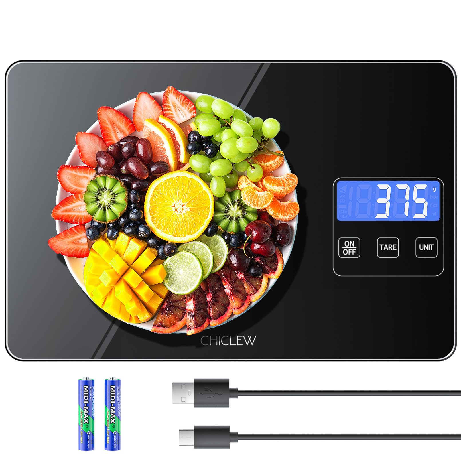 CHICLEW Wiederaufladbare Digitale Küchenwaage, 15KG Elektronische Waage Küche mit 5 Umschaltbaren Einheiten & Großer Plattform aus Gehärtetem Glas, Wasserdichte Essenswaage, Haushaltswaage, 24*16*2cm