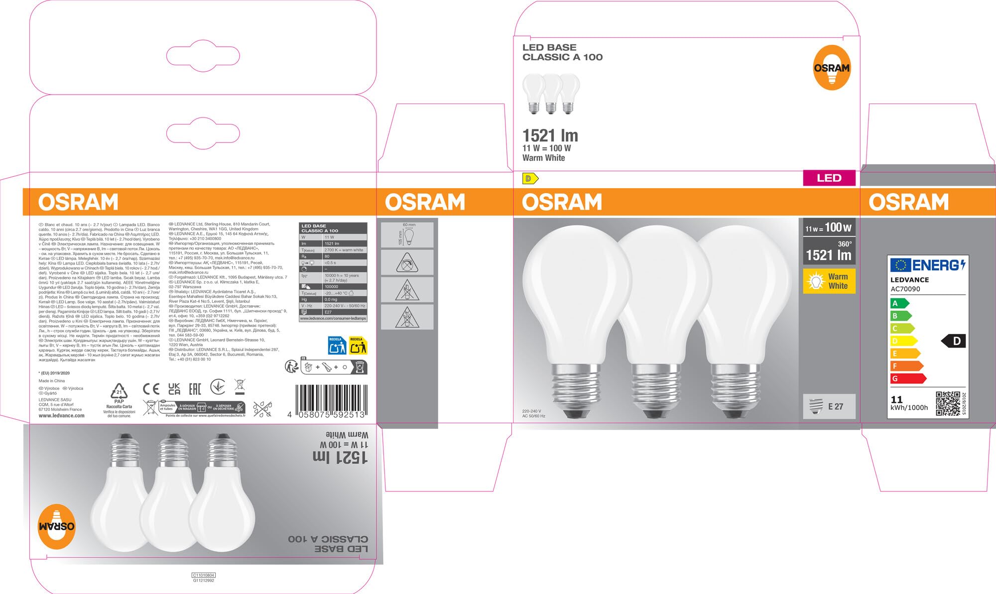 Osram LED-Lampe, Sockel: E27, Warm weiß, 2700 K, 11 W, Ersatz für 100-W-Glühbirne, matt, LED BASE CLASSIC A, 3er-Pack – Ansicht 6