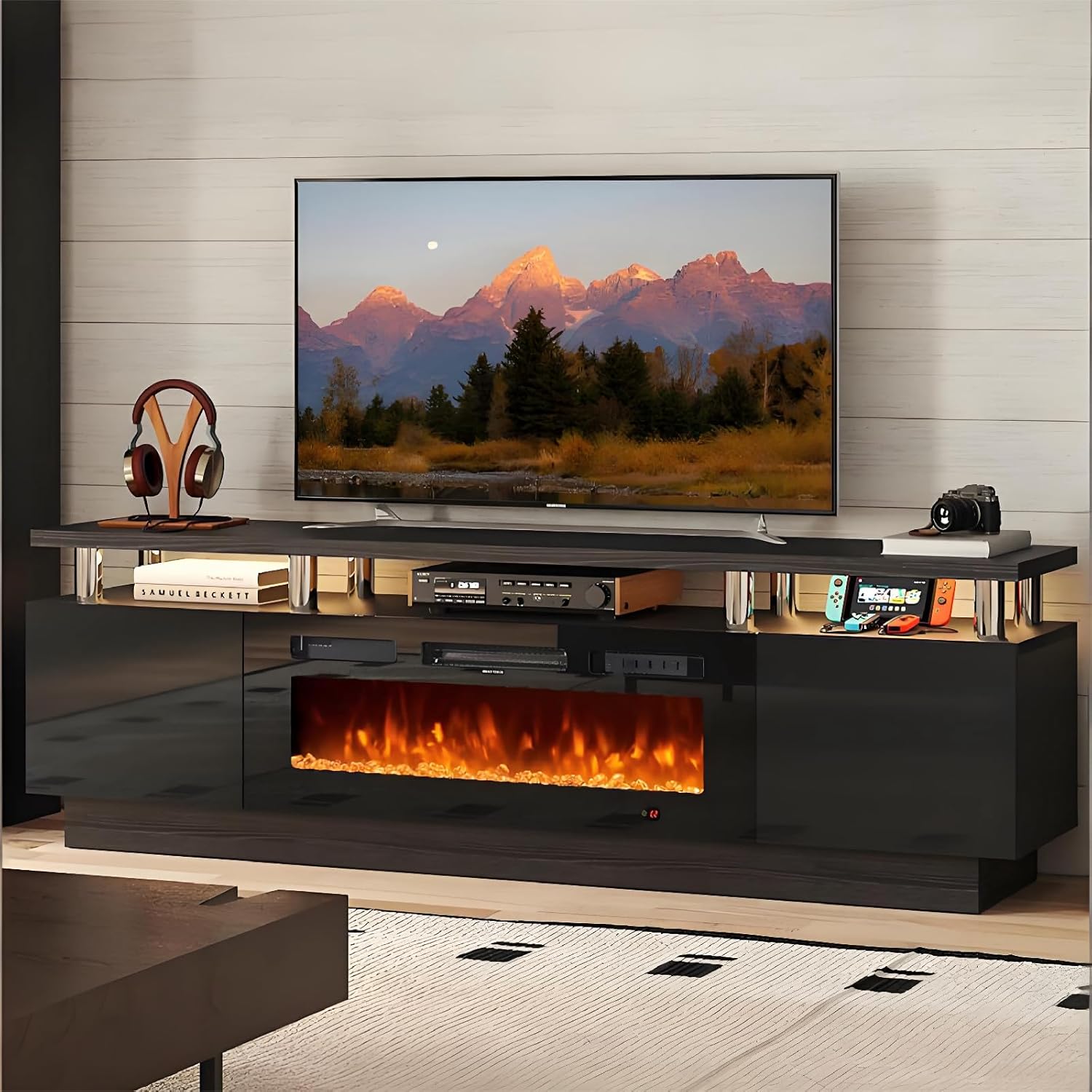 MXV 70" Fireplace TV Stand, Modern Entertainment Center & 36 Inch Electric Fireplace with Remote Control, LED Light, Fire Place Tv Stand for Living Room for TVs up to 80", Black + Black - Image 9
