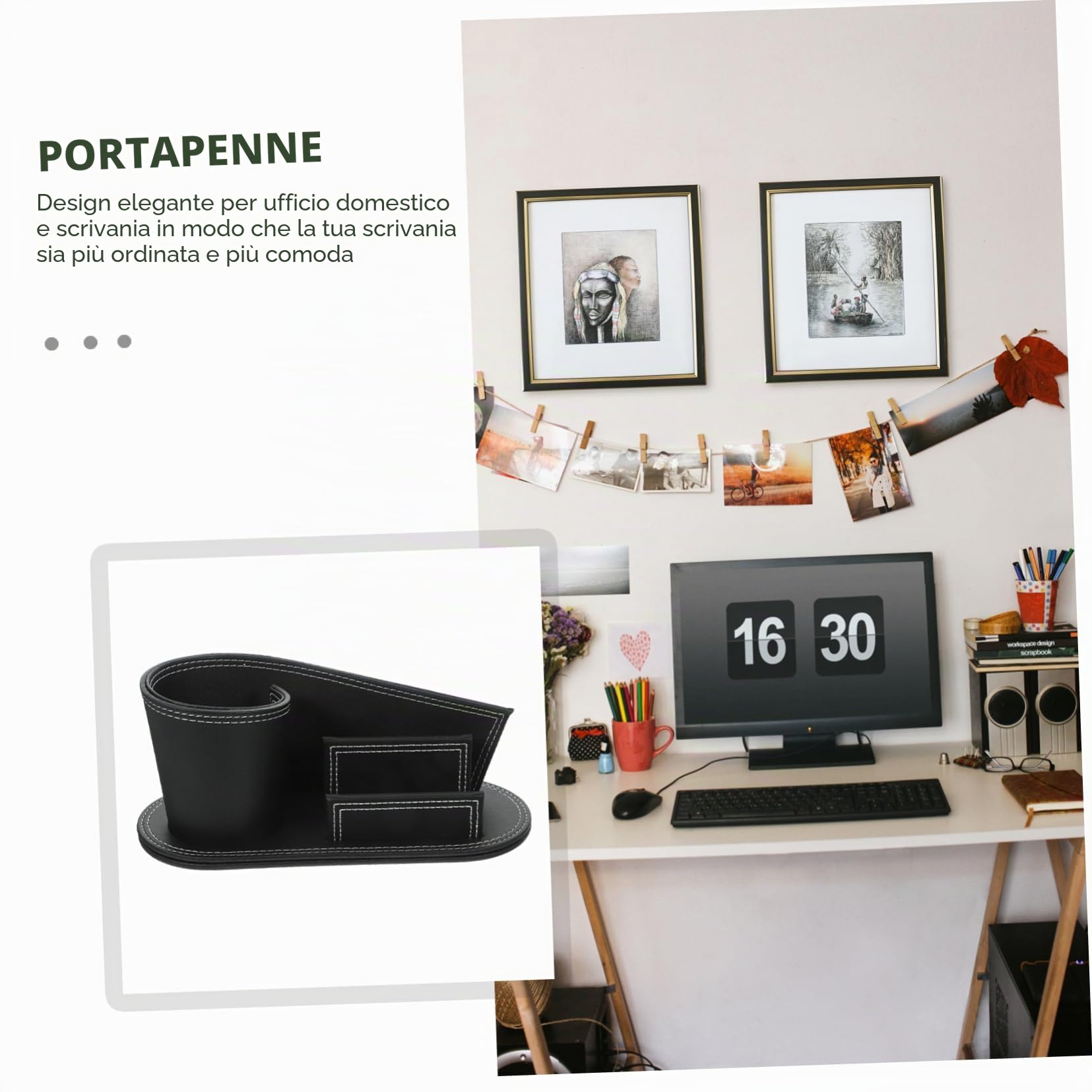 Portapenne da Scrivania in Cuoio Nero, Organizer Ufficio
