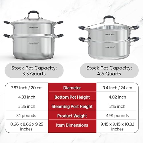 Miniatura 9 de SUNHOUSE - Ollas de vapor de 3.1 cuartos de galón con tapa, olla de cocina multiusos de acero inoxidable de 2 niveles con asa para verduras,