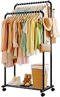 Sakugi Double Rod Clothes Rack with Mesh Shelf, Hooks & Lockable Wheels - Heavy Duty Metal Garment Rack Holds 170lbs, Black 28.7x16.5x59.1"