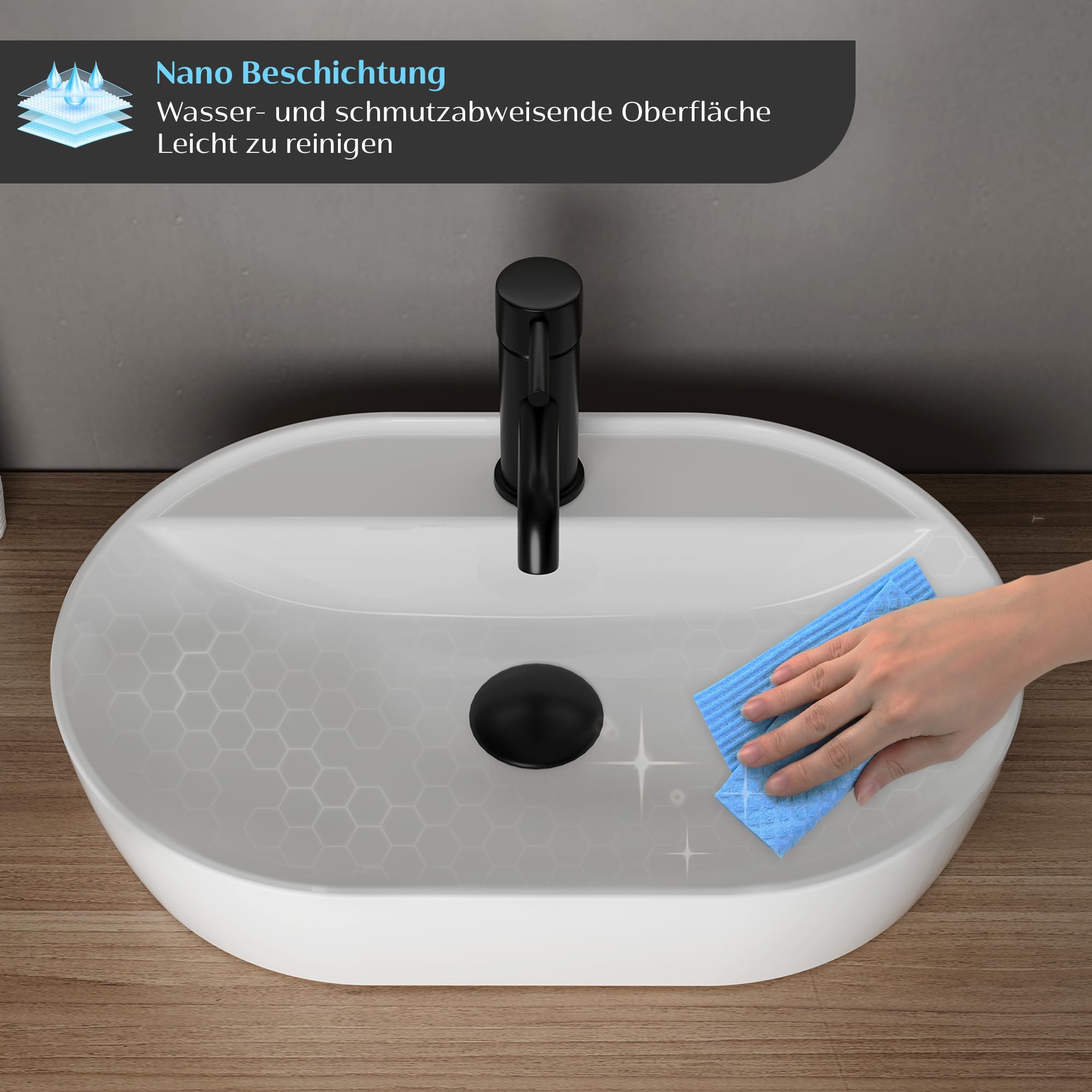Alpenberger Waschbecken 60 cm Breit | Aufsatzwaschbecken Oval | Waschschüssel mit Nano für Badezimmer und Gäste WC | Waschtisch Klein | Waschschale mit Hahnloch
