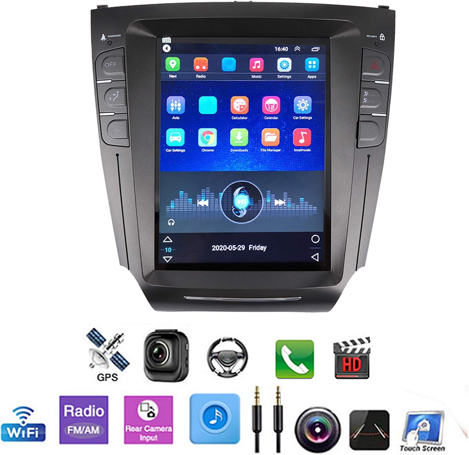 Qiilu car GPS navigation system displaying a reversing camera feed with guidelines.