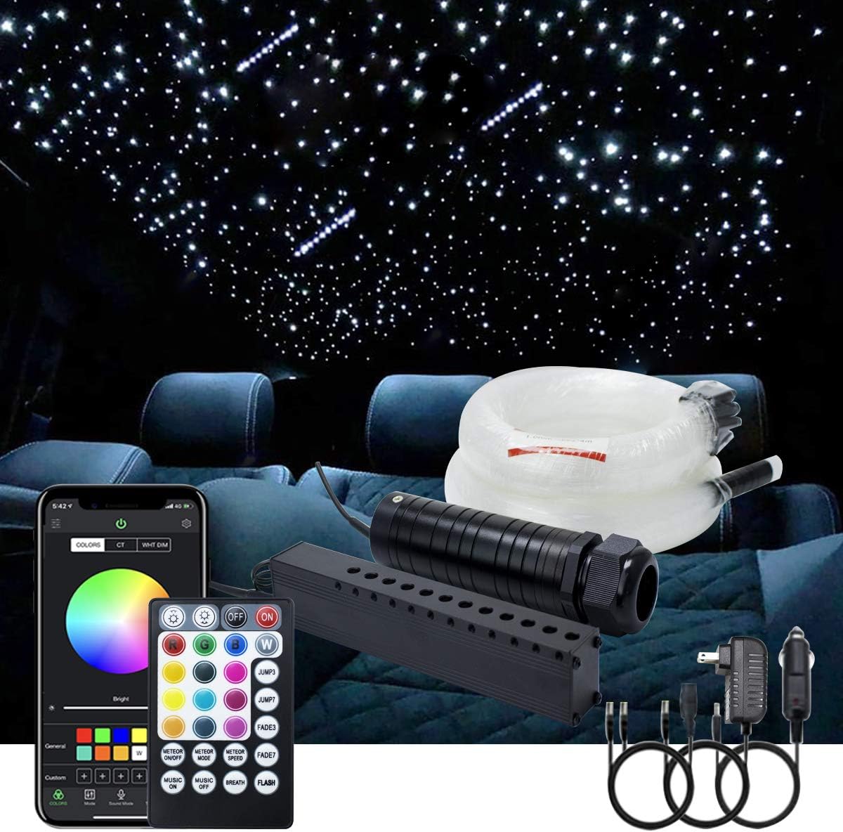AKEPO 6W Car Home APP Control+Music Mode+Meteor Effect Fiber Optic Lights Star Ceiling Light Kit, RGBW Sound Sensor Light Source+Mixed Fiber Cable 430pcs(0.75+1+1.5mm)9.8ft/3m+28key Musical Remote