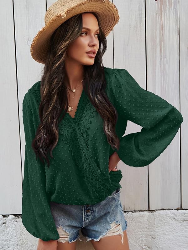 LOLONG Green Tops for Womens Dressy Casual Fall Fashion V Neck Long Sleeve Blouses Chiffon Pom Poms Business Shirts Trendy by LOLONG - Image 2