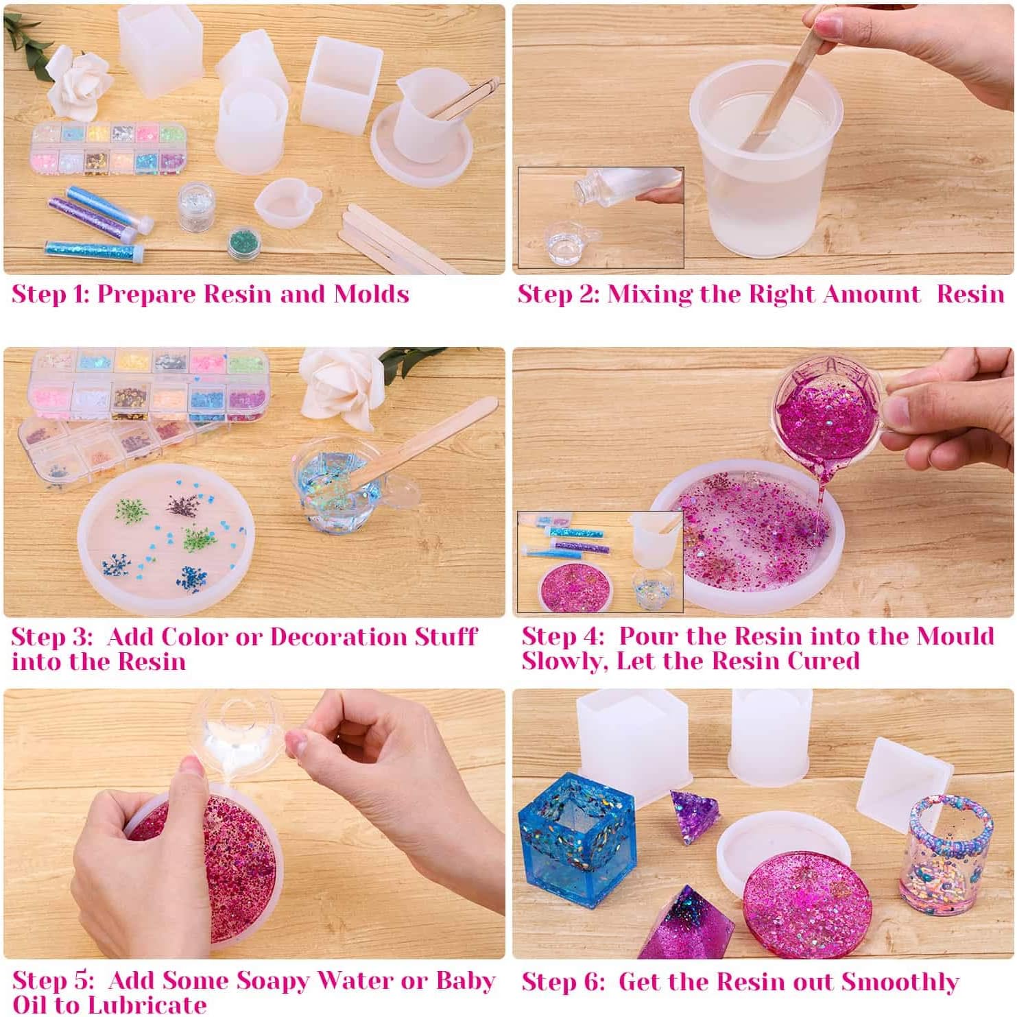 Epoxy Resin Molds Kit, Anezus 8 Pack Epoxy Resin Large Molds Including Coaster, Cube, Pyramid, Stone Resin Mold, Resin Silicone Molds with Silicone Mixing Cups & Wood Sticks
