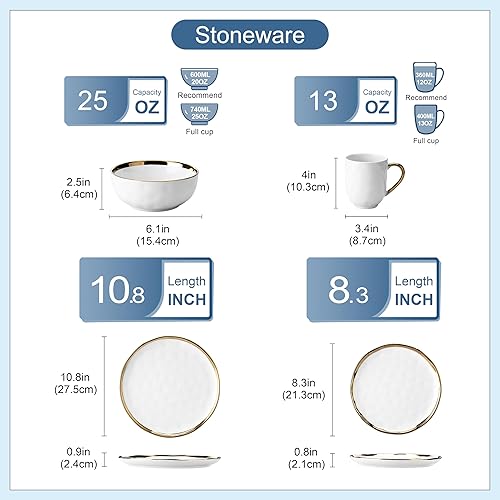 Miniatura 3 de LOVECASA White and Gold Dishes Sets, Stoneware Dinnerware Sets for 8, 32 Piece Plates and Bowls Sets, Handmade Dinner Set with Gold Trim, Dishwasher