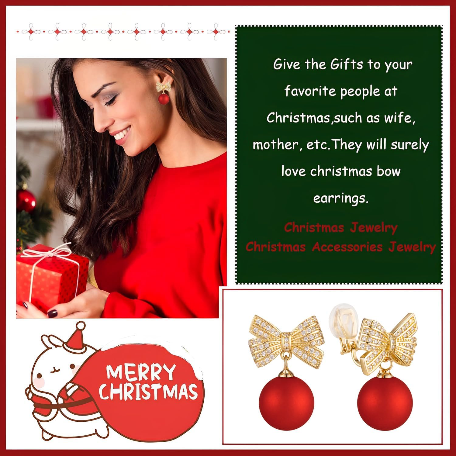 XGALBLA Christmas Earrings Womens Gifts Bow Clip on Earrings Cubic Zirconia Simulated Pearl Bow Clip on Earrings for Women Trendy Stuff Xmas Jewelry Stocking Stuffers Christmas Gifts