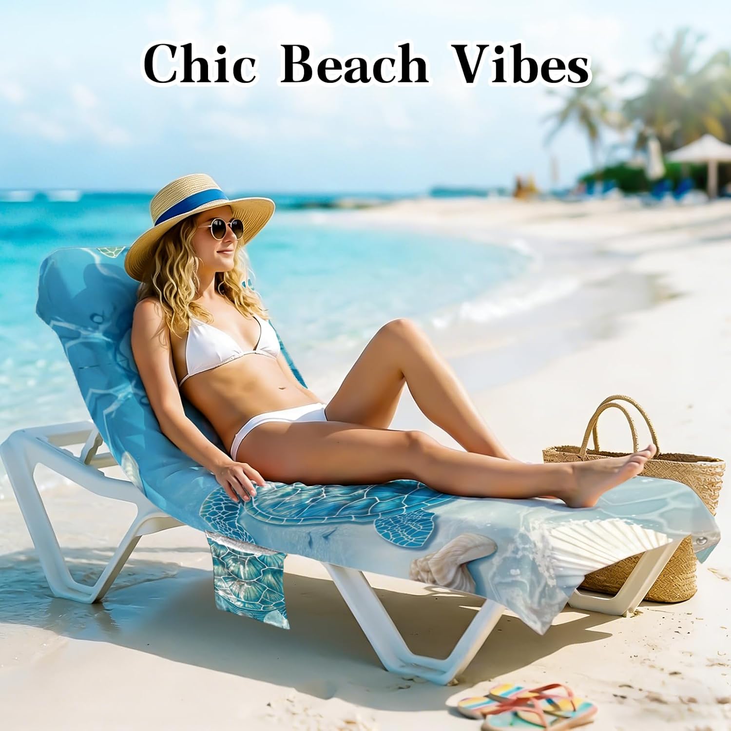 Lounge Chair Towel Cover (Pack of 2), Non-slip Beach Chair Towel Cover with Pockets, Microfiber Pool Chaise Lounge Chair Towels Covers for Outdoor Sunbathing Trips, 85 X 30 In, Blue Sea Turtles