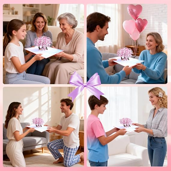 Pop Up Valentines Card, 3D Cherry Blossom Trees Love with Bike for Her, Wife, Husband, Him, Couple; Perfect for Valentines Day, Wedding, Romantic Birthday, Anniversary, Mothers Day